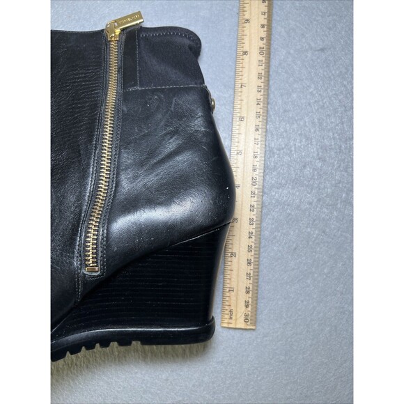 Michael Kors Leather Ankle Bootie Wedge Womens 6.5 Black Gold Accents - Picture 13 of 13